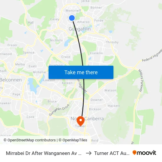 Mirrabei Dr After Wanganeen Av Northbound to Turner ACT Australia map