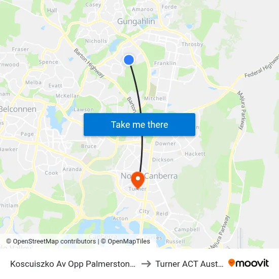 Koscuiszko Av Opp Palmerston Shops to Turner ACT Australia map