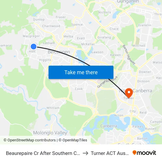 Beaurepaire Cr After Southern Cross Dr to Turner ACT Australia map