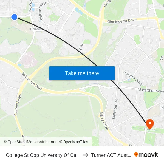 College St Opp University Of Canberra to Turner ACT Australia map
