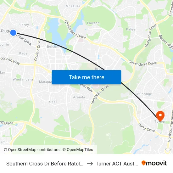 Southern Cross Dr Before Ratcliffe Cr to Turner ACT Australia map