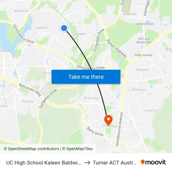 UC High School Kaleen Baldwin Dr to Turner ACT Australia map