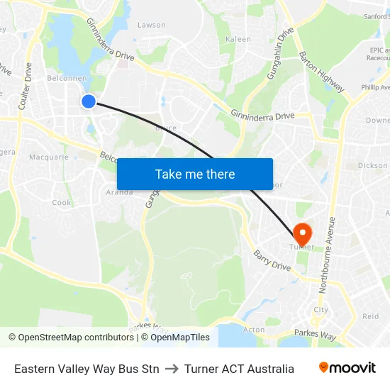 Eastern Valley Way Bus Stn to Turner ACT Australia map