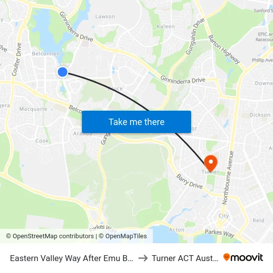 Eastern Valley Way After Emu Bank Dr to Turner ACT Australia map