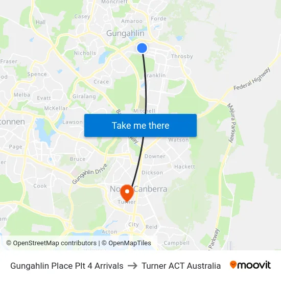 Gungahlin Place Plt 4 Arrivals to Turner ACT Australia map