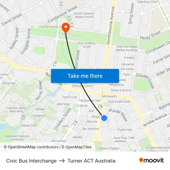 Civic Bus Interchange to Turner ACT Australia map