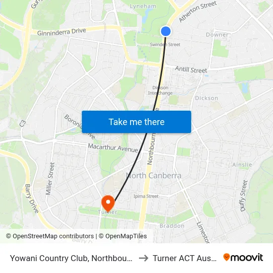 Yowani Country Club, Northbourne Ave to Turner ACT Australia map