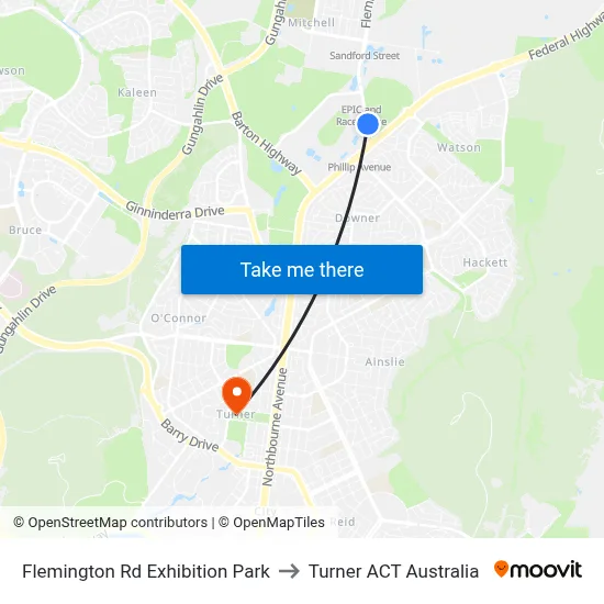 Flemington Rd Exhibition Park to Turner ACT Australia map