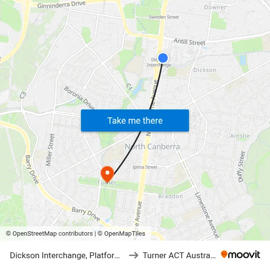 Dickson Interchange, Platform 2 to Turner ACT Australia map