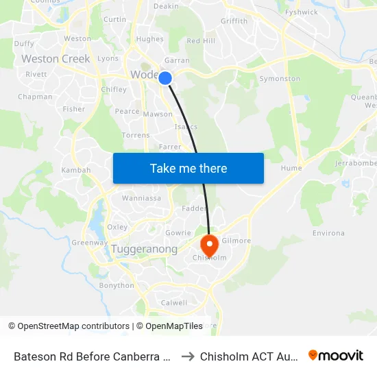Bateson Rd Before Canberra Hospital to Chisholm ACT Australia map
