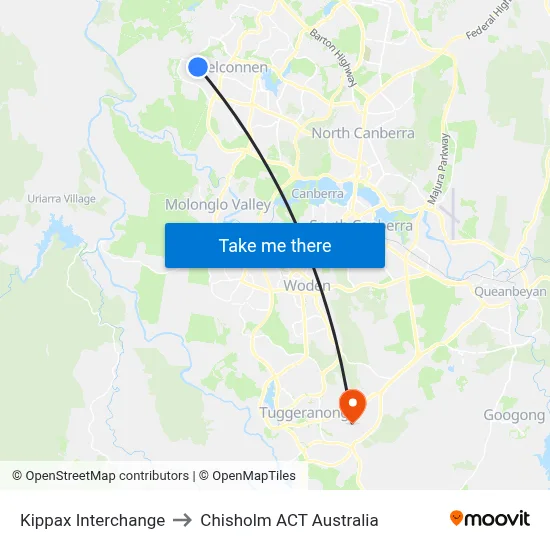 Kippax Interchange to Chisholm ACT Australia map