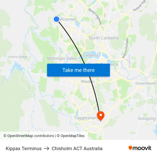 Kippax Terminus to Chisholm ACT Australia map