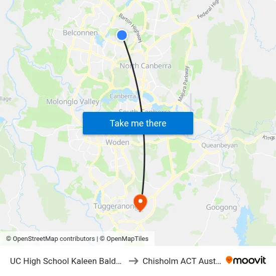 UC High School Kaleen Baldwin Dr to Chisholm ACT Australia map