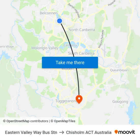 Eastern Valley Way Bus Stn to Chisholm ACT Australia map