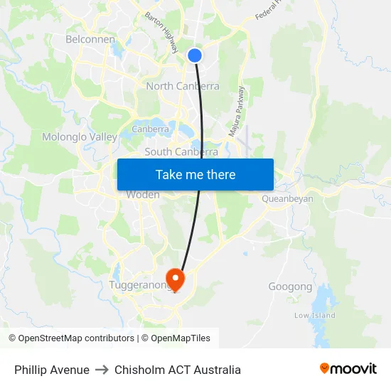 Phillip Avenue to Chisholm ACT Australia map