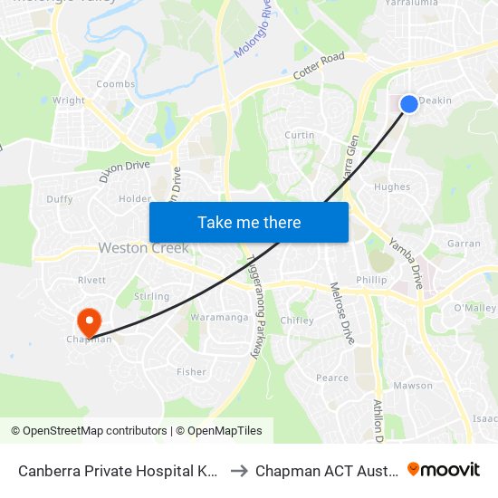 Canberra Private Hospital Kent St to Chapman ACT Australia map