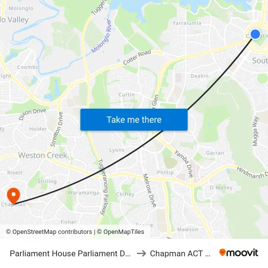 Parliament House Parliament Dr Southbound to Chapman ACT Australia map