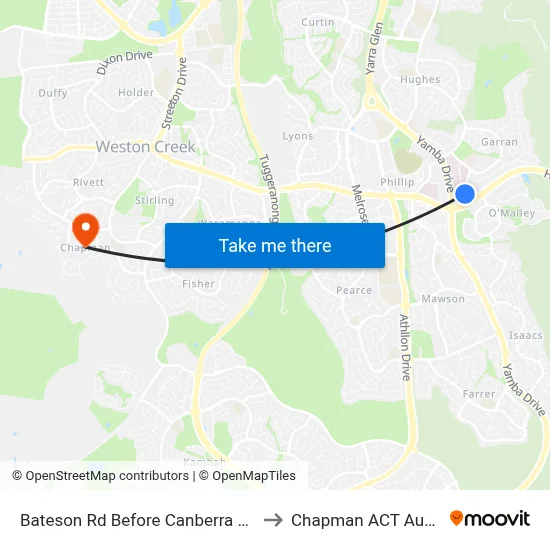 Bateson Rd Before Canberra Hospital to Chapman ACT Australia map