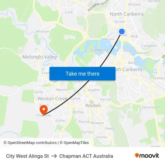 City West Alinga St to Chapman ACT Australia map