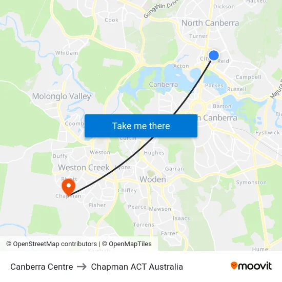 Canberra Centre to Chapman ACT Australia map