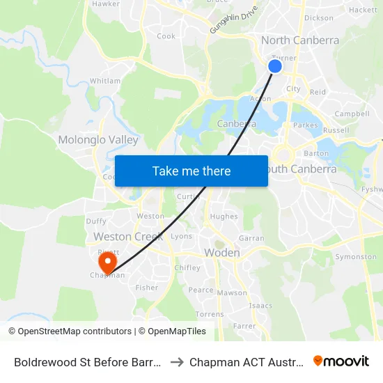 Boldrewood St Before Barry Dr to Chapman ACT Australia map