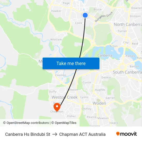 Canberra Hs Bindubi St to Chapman ACT Australia map