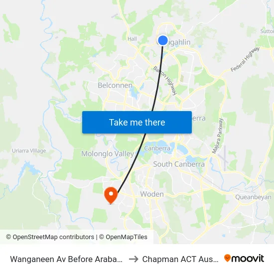Wanganeen Av Before Arabanoo Cr to Chapman ACT Australia map