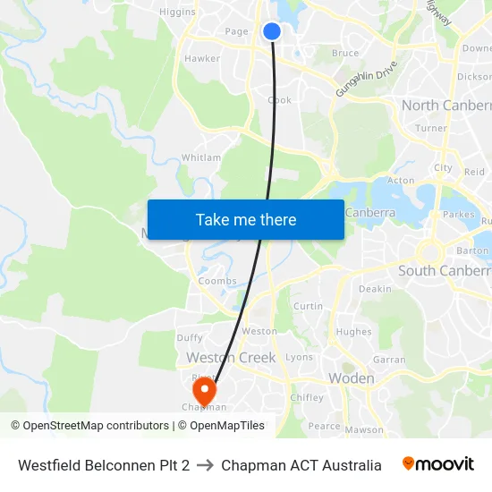 Westfield Belconnen Plt 2 to Chapman ACT Australia map