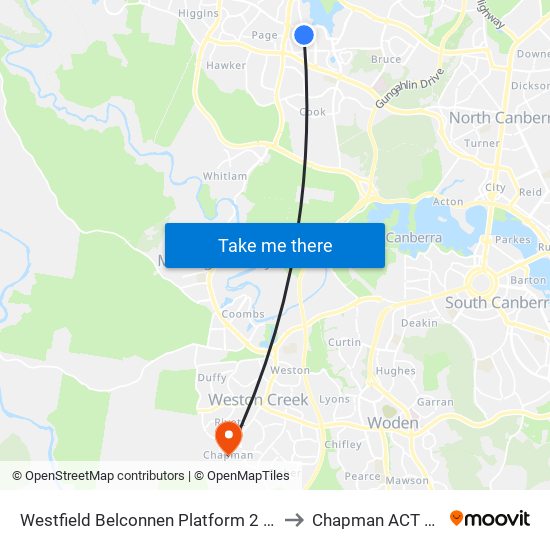 Westfield Belconnen Platform 2 Set Down Only to Chapman ACT Australia map