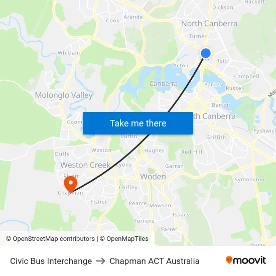 Civic Bus Interchange to Chapman ACT Australia map