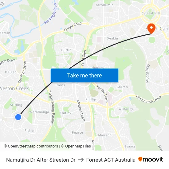 Namatjira Dr After Streeton Dr to Forrest ACT Australia map