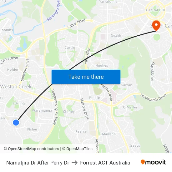 Namatjira Dr After Perry Dr to Forrest ACT Australia map