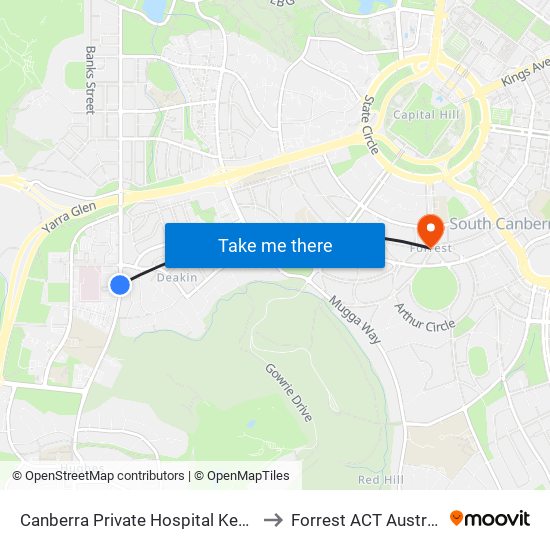 Canberra Private Hospital Kent St to Forrest ACT Australia map