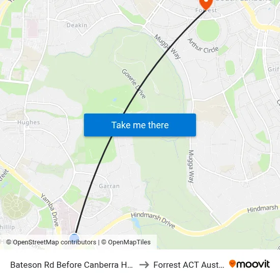 Bateson Rd Before Canberra Hospital to Forrest ACT Australia map