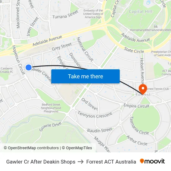 Gawler Cr After Deakin Shops to Forrest ACT Australia map