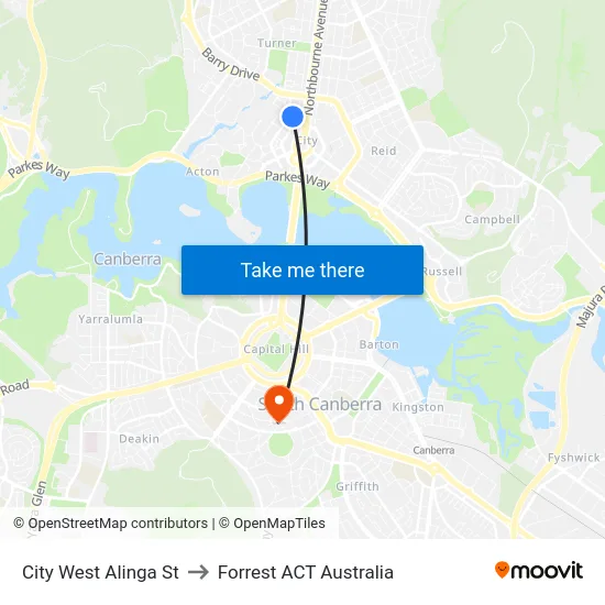 City West Alinga St to Forrest ACT Australia map