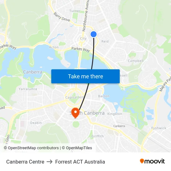 Canberra Centre to Forrest ACT Australia map