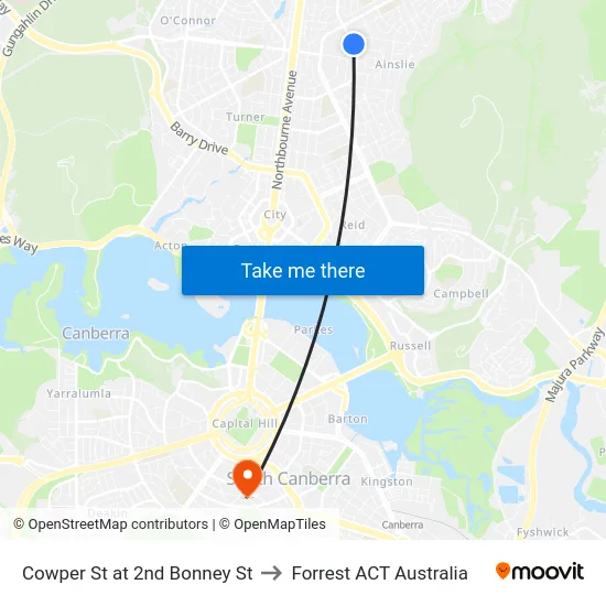 Cowper St at 2nd Bonney St to Forrest ACT Australia map