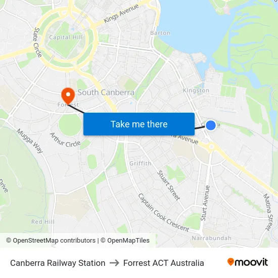 Canberra Railway Station to Forrest ACT Australia map