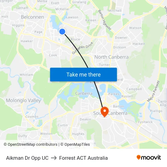 Aikman Dr Opp UC to Forrest ACT Australia map