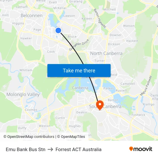 Emu Bank Bus Stn to Forrest ACT Australia map