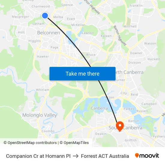 Companion Cr at Homann Pl to Forrest ACT Australia map