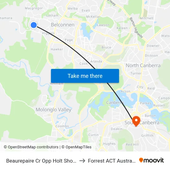 Beaurepaire Cr Opp Holt Shops to Forrest ACT Australia map