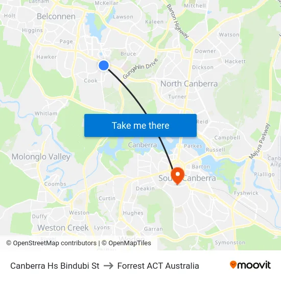 Canberra Hs Bindubi St to Forrest ACT Australia map