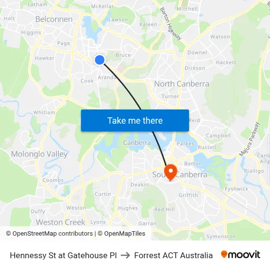 Hennessy St at Gatehouse Pl to Forrest ACT Australia map