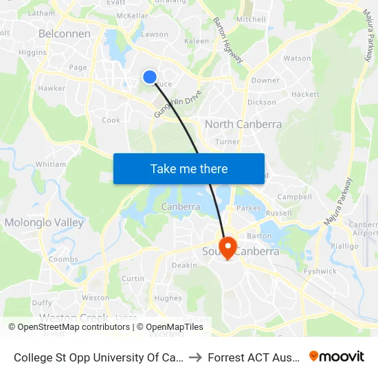 College St Opp University Of Canberra to Forrest ACT Australia map