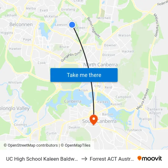 UC High School Kaleen Baldwin Dr to Forrest ACT Australia map