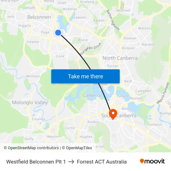 Westfield Belconnen Plt 1 to Forrest ACT Australia map