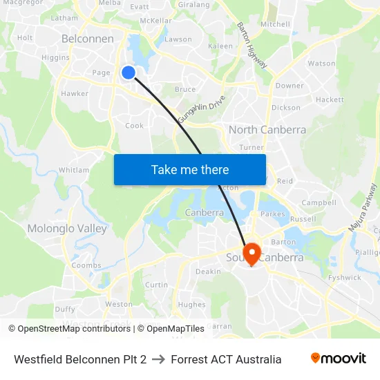 Westfield Belconnen Plt 2 to Forrest ACT Australia map