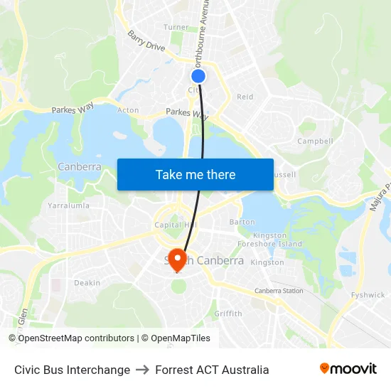Civic Bus Interchange to Forrest ACT Australia map